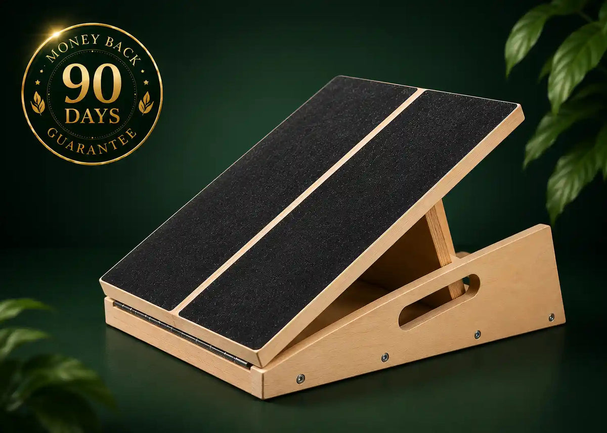 Adjustable wooden slant board with black grip pads on a dark green background